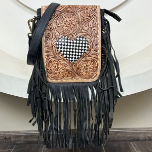 New Personalized Trendy Hand Tooled Leather Fringe Handbags Women Luxury Checkered Heart & Floral Printed Genuine <b>Shoulder</b> <b>Bag</b> - Product Image 4