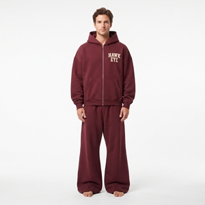 Men's Hooded Full <b>Zip</b> Kangaroo <b>Pocket</b> Tracksuit Maroon Color Cotton Fleece Oversized Fit Wide Leg <b>Jogger</b> Set - Product Image 5