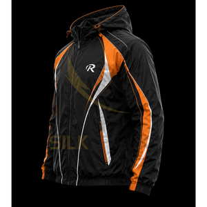 Ensemble de survêtement streetwear pour homme grande taille, noir et orange, imperméable et coupe-vent, avec fermeture éclair intégrale, capuche, design sportif, poches latérales, 100% coton - Product Image 6