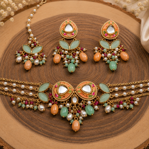 Traditional Ethnic Antique Gold Plated Copper Alloy Imitation Pearl Jewelry <b>Set</b> <b>Crystal</b> Rhinestone Necklace Earrings Women - Product Image 1