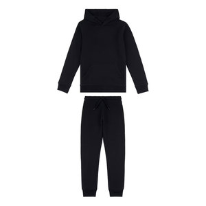 Boys <b>Black</b> Hooded Sweatshirt Set Solid Color Full Sleeve Casual Drawstring <b>Pants</b> Regular Fit Autumn Wear 100% Cotton - Product Image 1