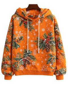 Sudadera con Capucha para Mujer con Estampado de Copos de Nieve Navideños en Color Naranja, Felpa de Algodón, Estilo Casual, Fabricante Personalizado, Proveedor de Ropa al por Mayor - Product Image 1