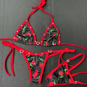 Women Cherry Print <b>Bikini</b> <b>Set</b> <b>Red</b> Trim Rhinestone Decoration Stretch Spandex Polyester Two Piece Swimwear Fashion 2026 - Product Image 1