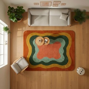 Retro Wool Hand Tufted Area <b>Rug</b> with Wavy Concentric Bands in Orange Green <b>Mustard</b> for Living Room - Product Image 2