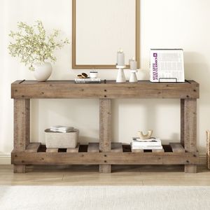 Tavolo Console U_Style in Legno di Abete Massiccio Vintage da 159,75 cm, 6 Gambe Rinforzate, Piano Spesso 11,43 cm, Design con Rivetti Metallici, Finitura Naturale - Product Image 2
