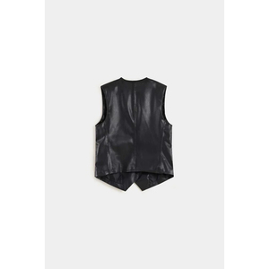 Gilet pour homme en cuir PU noir, col rond, sans manches, simple boutonnage, couleur unie, fermeture éclair, longueur standard, style vintage - Product Image 3