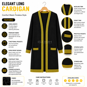 Cosh International Sorority Sisterhood Acrylic <b>Black</b> Knitted <b>Long</b> <b>Cardigan</b> <b>With</b> Yellow Trim V-Neck Open Front Full Sleeves - Product Image 6