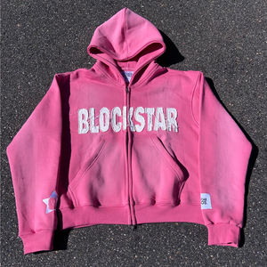 Sudadera con capucha personalizada BLOCKSTAR para hombre, roja, de corte regular, con cremallera, letras bordadas, estilo urbano, 100% algodón, diseño de dibujos animados - Product Image 5