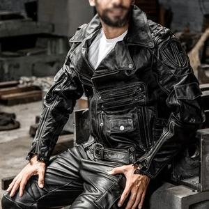 Veste zippée décontractée à col montant en cuir de vachette véritable pour homme et moto - Product Image 2