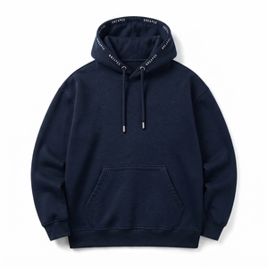 Sudadera con Capucha Azul Marino para Hombre, Corte Holgado, Estilo Casual, Color Sólido, Felpa Francesa de Algodón, para Otoño - Product Image 1