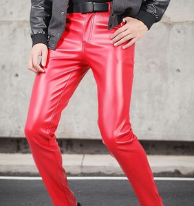 Newest Model Skinny Fit Lightweight Canvas Red Genuine Leather <b>Pants</b> Casual Wear Breathable High Quality Elastic Waist - Product Image 3