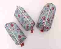 Ensemble de pochettes cylindriques en coton matelassé, écologiques, bohèmes, à motif floral, avec fermeture éclair, durables, pliables, pour organiser les cosmétiques