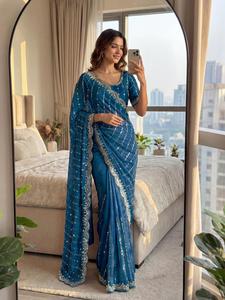 Sari indien tendance en satin de soie avec broderies de motifs et de sequins, idéal pour les mariages et les occasions spéciales. - Product Image 3
