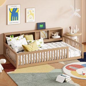 Letto a pavimento in legno marrone Twin XL con armadietti contenitore e porte USB - Prodotto per letti per bambini - Product Image 1