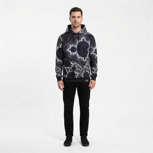 <b>Mens</b> <b>Black</b> Pullover Hoodie With White Abstract Fractal Print Custom Streetwear <b>Sweatshirt</b> - Product Image 1