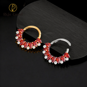 Orecchino a cerchio segmentato con cerniera in titanio ASTM F136 16G con zirconi a goccia di granato, per piercing Daith, Septum e Naso - Product Image 4