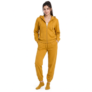 Women's Mustard <b>Yellow</b> Acid Wash Heavyweight Solid Zip <b>Hoodie</b> Jogger Pants Streetwear Tracksuit Set Long Sleeve Sweatshirt - Product Image 1