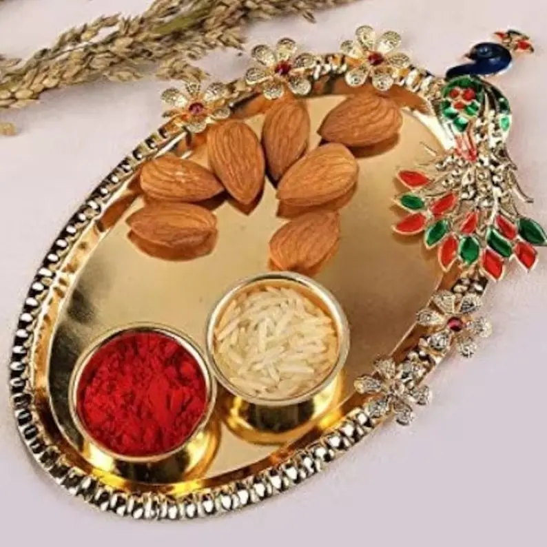 Hình bầu dục haldi kumkum chủ với thiết kế con công roli chawal Platter cho quà tặng trở lại mehendi ủng hộ đám cưới Diwali Quà Tặng