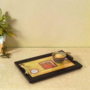 Yellow Color Sticker Printed Wooden <b>Walnut</b> Border with Casted Handled Fruit Serving Tray for Dining <b>Table</b> Home Usage in Cafes - Product Image 3