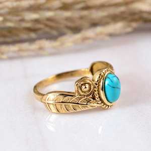 Wholesale Handcrafted Blue Turquoise Brass <b>Ring</b> 14k Gold Plated Leaf Motif Texture Dainty Band Unisex Engagement Bohemian Nature - Product Image 2
