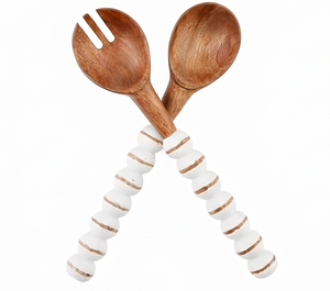 Ensemble de cuillères à salade en bois avec manches perlées blanches, design nordique, couverts en bois naturel pour la restauration, le camping et l'hôtellerie - Product Image 1