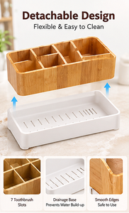 Organisateur de salle de bain portable en bambou, plateau de rangement minimaliste rectangulaire avec 7 compartiments pour brosses à dents, dentifrice et accessoires (Ensemble) - Product Image 3