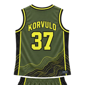 Ensemble d'uniformes de basketball personnalisés pour hommes, vert olive et jaune, maillot sans manches à col en V, short, impression de numéros d'équipe, kits en gros - Product Image 2