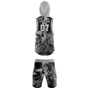 Custom Sublimated Basketball Hoodie & Shorts Set Black Gold Geometric Print Moisture Wicking Unisex <b>Athletic</b> Wear - Product Image 6