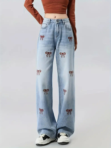 Jeans tendance taille haute pour femmes, toutes saisons, respirants, en denim brodé, coupe droite, prix de gros avec personnalisation - Product Image 2