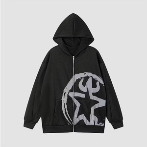 Sweat à capuche zippé noir pour homme avec imprimé abstrait gris sur le devant, logo, coupe ample, en coton French Terry, décontracté, pour l'automne - Product Image 3