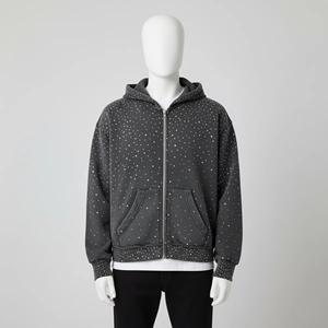 Sudadera con capucha para hombre con cremallera y pedrería, tela premium personalizada, gris brillante, con cremallera completa, capucha con cordón y bolsillo canguro, estilo casual urbano - Product Image 1