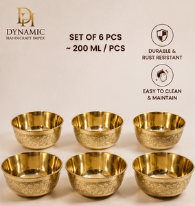 Juego de 6 tazones de latón de 200 ml, hechos a mano, con grabado floral, para servir, vajilla india Katori, acabado dorado - Product Image 1