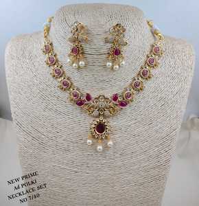 Luxury <b>Ruby</b> AD Polki <b>Necklace</b> Set with Pear Cut Floral Pendant Gold Finish Wedding Party Jewelry for Women Set - Product Image 1