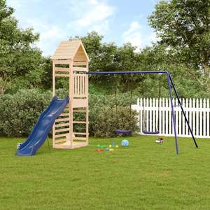 Juego de juegos infantiles de madera natural para exteriores con columpio de madera de pino maciza azul y polipropileno - Product Image 1