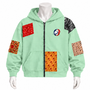 Sweat à capuche zippé vert menthe en patchwork, coupe oversize, avec patchs imprimés, style streetwear décontracté - Product Image 1