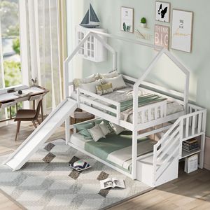 Letto a castello bianco a due piazze con scivolo convertibile e scala contenitore per bambini - Product Image 1
