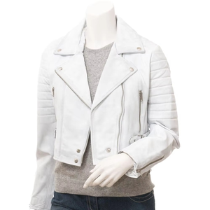 White PU Leather Moto Jacket Women Quilted Biker Style Short Sleeve Zipper Closure Solid Color Autumn Wear - Product Image 1