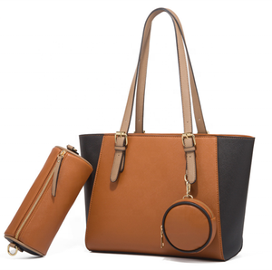 Color Block PU Leather Tote Bag Set Women's Shoulder Handbag Crossbody Purse with Pouch and <b>Coin</b> <b>Case</b> for Daily Travel - Product Image 2