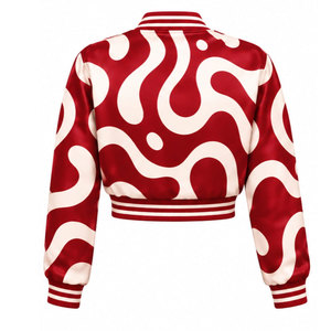 Veste de sport en satin à imprimé géométrique rouge et blanc, manches longues, col rabattu, longueur courte, vêtement d'automne pour femmes - Product Image 3