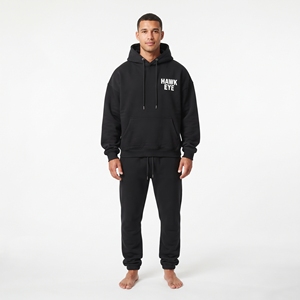 Ensemble de survêtement streetwear pour hommes en coton épais, comprenant un sweat à capuche oversize et un pantalon de jogging, couleur noir uni, vente en gros - Product Image 1