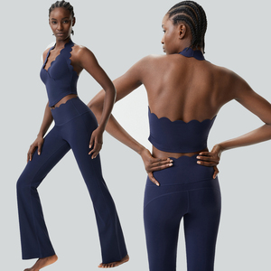 Women's Yoga Halter Neck High Waist <b>Flared</b> <b>Leggings</b> 2-Piece Set Breathable Spandex/Nylon Seamless Cut-Out Printed Navy Blue - Product Image 3