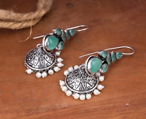 Bulk Order Wholesale <b>Oxidized</b> Silver Green Stone Fashion Dangle Earrings for Women Ready Stock Fast Shipping - Product Image 4