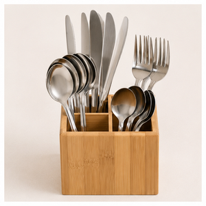 Porte-couverts premium à 4 compartiments, artisanal, écologique, en bois, pour le rangement des ustensiles sur le comptoir de cuisine - Product Image 1