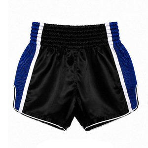 Shorts de boxe Muay Thai pour hommes, rouge et bleu, taille haute, fermeture élastique, satin respirant, logo avant, sportif, 100% polyester, color block - Product Image 6