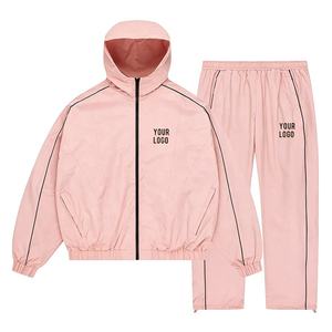 Pink Women's Hooded Tracksuit <b>Set</b> Full Sleeve Loose Fit Style With Side Stripe Breathable Polyester 2 Piece Long <b>Set</b> - Product Image 1