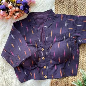 Blusa de lino con estampado de algodón Ikkat para mujer, color morado, cuello mandarín, manga tres cuartos, abotonada, informal, para primavera y verano - Product Image 1