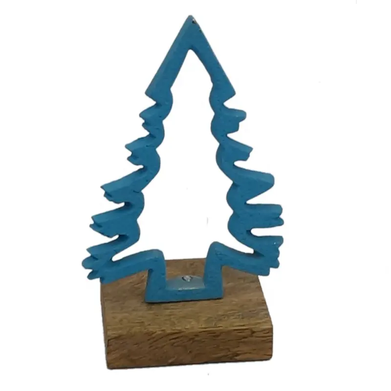 Christmas Decorative Aluminium & Wood Modern X Mas Tree With Rectangular Wooden Base Sky Blue Color For Table Top Home Decor