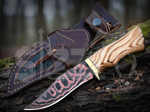 Couteau de chasse OEM artisanal en acier Damas cuivré, couteau à dépecer à lame fixe avec manche en bois, couteau de camping et d'extérieur EDC avec étui en cuir - Product Image 4