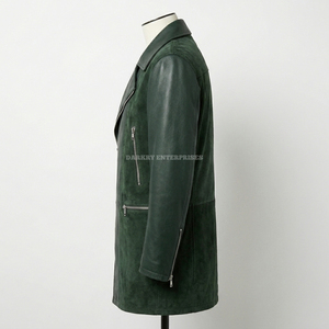 Custom Mens Forest Green Leather <b>Suede</b> Long Trench Coat Mixed Media Double Rider Biker <b>Jacket</b> Wholesale Outerwear Manufacturer - Product Image 4