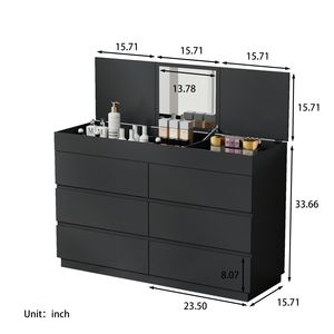 Comò a 6 cassetti con specchio 120x40x85,5 cm, mobile in truciolato goffrato nero con impiallacciatura in melamina - Product Image 3